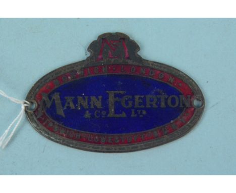 A small vintage metal and enamel machine badge for Mann Egerton &amp; Co Ltd, 6.5cm wide
