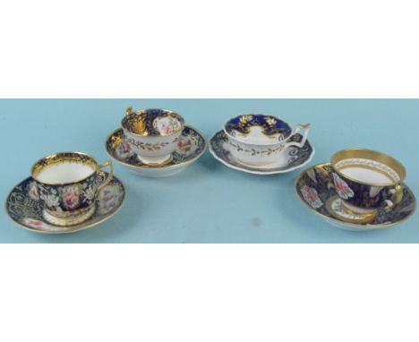 Four early 19th Century hand painted cabinet cups and saucers, one with pattern 1049 to saucer and one with 2/187 (one cup wi