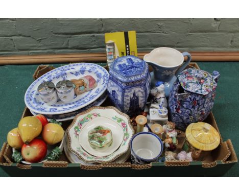 A box of assorted china including two Minton tureen bases, Ringtons tea jug and caddy, Beatrix Potter figurines etc