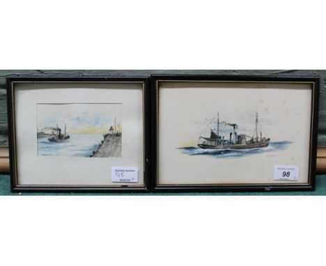 Two framed watercolours of Lowestoft trawlers by J M Austin