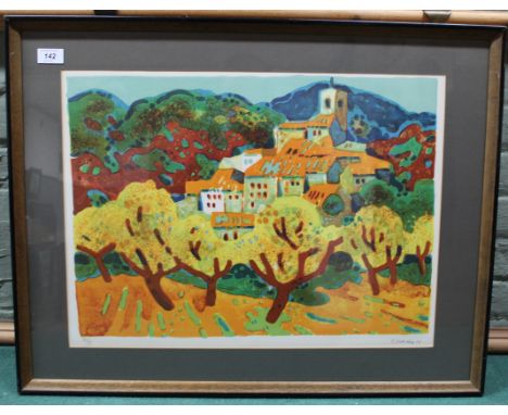 Guy Charon signed framed limited edition lithographic print 22/275 of a French hill scene, authentication label on back, 55cm