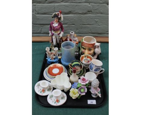 A mixed selection of ceramics including Wedgwood Kutani crane candlesticks, Doulton, figurines plus cabinet cups and saucers