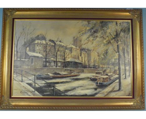 R Sievers, large oil on canvas of a Dutch canal scene, 85cm x 55cm and a framed watercolour of a church over water, signed M 