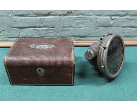 A vintage Bleriot large sized car lamp (as found) plus a pine box with brass fittings