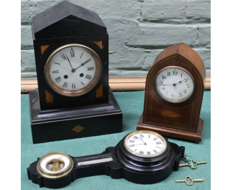 A slate cased mantel clock, an Edwardian inlaid wooden cased clock plus a clock barometer with thermometer