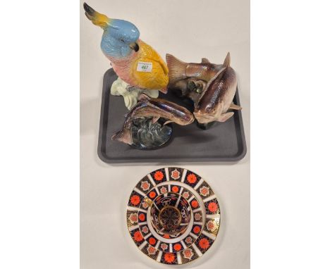 Beswick Parrot Figure together with two Dutch Jenna pottery Fish figures &amp; Mercian China Romany Rose trio. 
