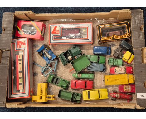 Crate of Playworn &amp; Train items; Boxed lima train carriage &amp; wagon, Two Boxed wagons, Dinky Ford Sedan, Dinky Alfa Ro