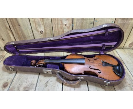 Antique D. Soriot 1920s Full Size French Violin With Two Bows with leather Casing. Length of Back 359mm. 