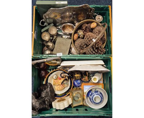 Two Crate of silver plated wares and collectables; Brass jelly pan, serving tray, boxed dessert forks and loose flatwares,Cow
