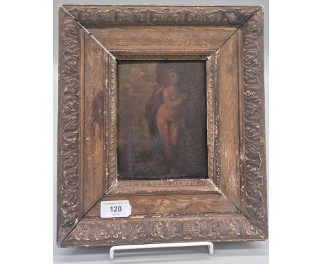 18th/ 19th century Oil painting on wooden panel depicting nude lady. Fitted within an old antique frame. Frame- 31.5x27.5cm. 