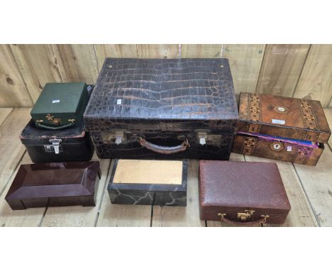 Collection of Antique and vintage boxes and cases; Inlaid writing slope, leather and bakelite jewellery and travel boxes and 