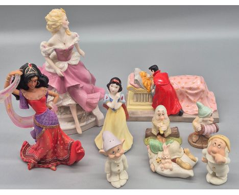 Collection of Disney Showcase figurines; Sleeping Beauty loves first kiss, Snow White and dwarves, Franklin Mint Cinderella a