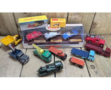 Tray of boxed and playworn car models; Dinky vans, Dinky Mercedes Benz snow plow, Dinky fire truck, Dinky Morris Mini-travele