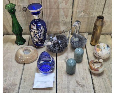 Tub of collectable paperweights and and art glass; silver overlay decanter, Swedish art glass birds- signed to base, Caithnes