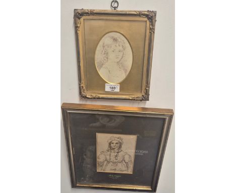 Small 19th Century Portrait of a Young Girl With initials. Possibly JA. Set in a Gilt frame together withnOriginal Drawing of