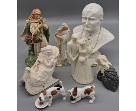 A Selection of Collectables; Pope John Paul the II bust, Brooke &amp; Bentley figurines, Royal Doulton Dog group figures &amp