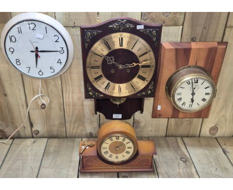 Four various clocks; three model wall clocks and modern mantle clock. 