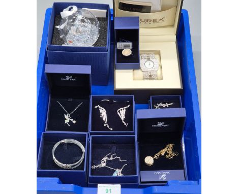 Collection of boxed Swarovski crystal jewellery; Swarovski Haurex ladies watch, earrings, pendant, necklaces and crystal bobb