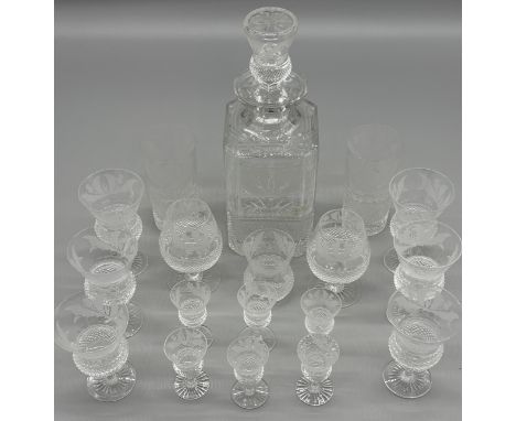 Collection of Edinburgh crystal Thistle etched &amp; shaped glasses and decanter; Large Whisky Decanter, Two drinking glasses