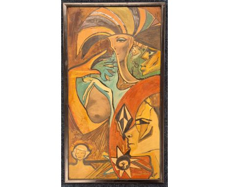 Mixed Media oil PaintingDepicting various figures and PharoahSigned Heather. Frame 76x42cm.