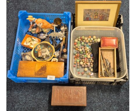 Two small crates of collectables; Marbles, Framed Silk panel for the coronation of the Queen Elizabeth II- Woven in silk 1953