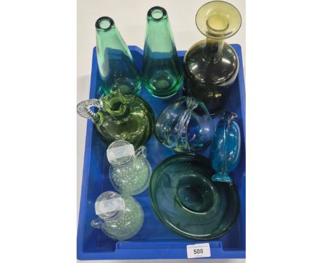 Crate of Art Glass wares; Mdina Glass wares, Art Glass Jug &amp; vases &amp; other items. Art Deco lidded preserves.