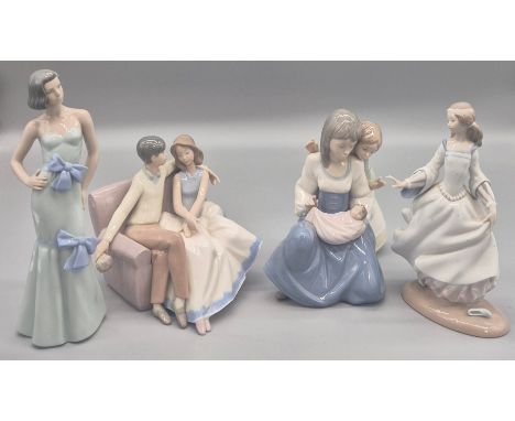 Collection of Four Large Spanish Nao pottery figurines; Mother with child and baby, Boy and girls on couch, lady in bow dress