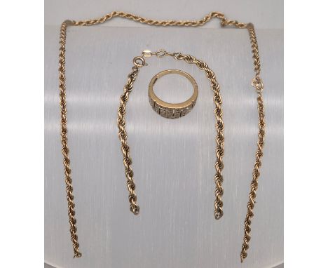 Selection of 9ct yellow gold scrap gold. Includes Greek key design ring. 11.77grams 