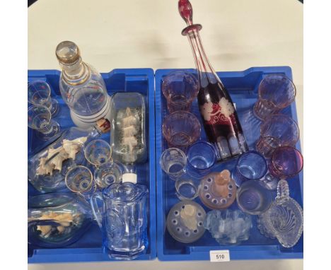 Crate of Art glass wares; Ruby Glass Decanter with stopper, Set of four etched Flower Early Glasses, Art deco Blue Glass jug 