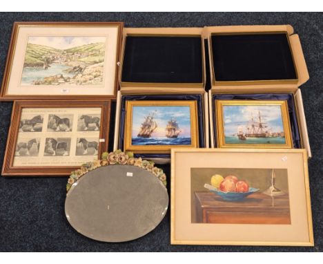 Collection of arts works & antique Barbola mirror; Bradex Nautical ship scene prints in fitted display boxes, P.H Graver Poss