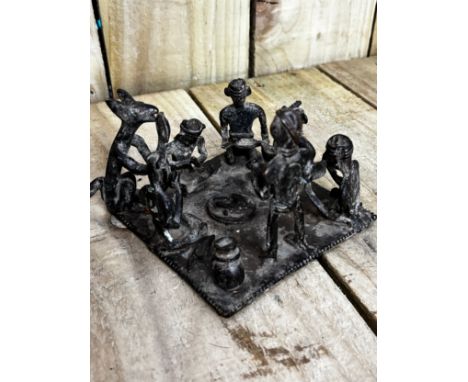 Antique Bronze Benin Group sculpture Tribal gathering on Base. 10x12x12cm. 
