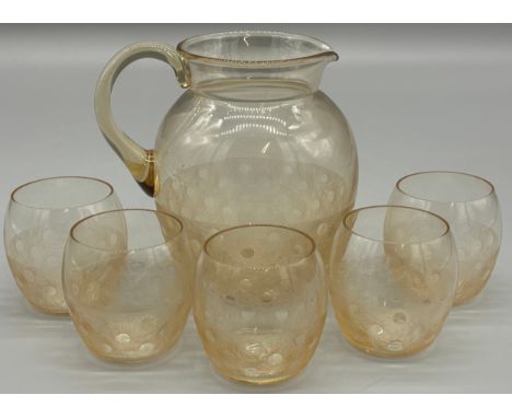 Rare Art Deco design Daum Nancy France Lemonade pitcher and five matching glasses. Signed to the rim of the base. 