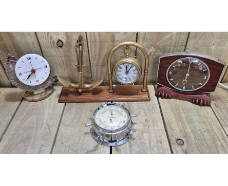 Tub of various clocks; two nautical clocks and art deco style clocks. Brass anchor and hanging Large pocket watch clock. 