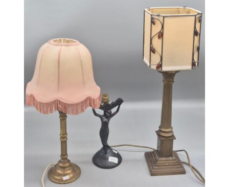 Collection of Three antique and vintage Table lamps; Large Brass Corinthian column lamp, Art Deco style figural lady table la