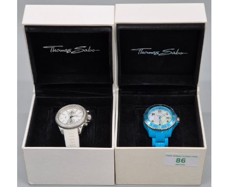 Two Thomas Sabo ladies wristwatches; Rebel at heart ladies Glitzy white Chronograph watch and Glam &amp; Soul blue Resin brac