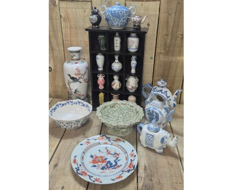 Selection of Chinese collectables; celadon floral and leaf design raised bowl. 19th century Chinese imari pattern plate, Chin
