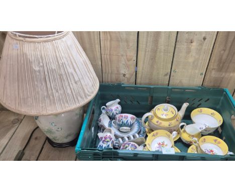 Crate of collectables; Oriental Bird Scene table lamp, Booths Tulip Pattern Tea wares &amp; New Chelsea Tea wares.