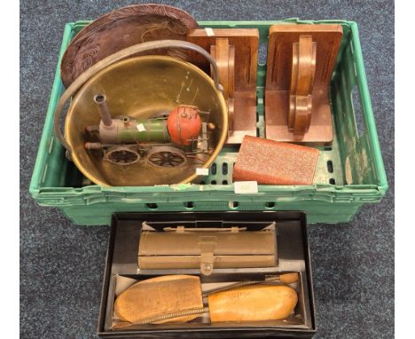 Crate of Collectables; Brass jelly pan, wooden book ends, Chinese carved wooden bowl, boxed shoe cleaning set and tin train.