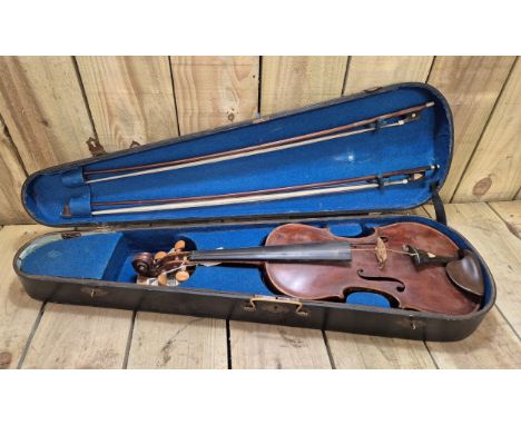 Old English Violin with two bows, Circa 1870s One Bow Stamped Vuillaume. with antique coffin case.length of back 359mm.