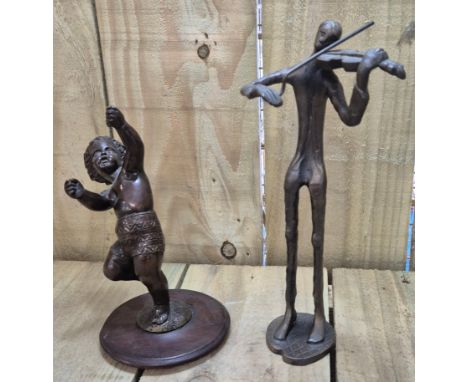 Two bronze Sculptures; Cherub and arts sculpture playing violin. 26cm tallest. 