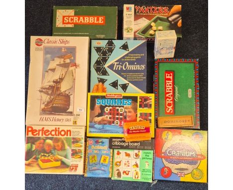Collection of vintage Games; Scrabble, Yatzee, Airfix HMS Victory model still sealed &amp; other items.