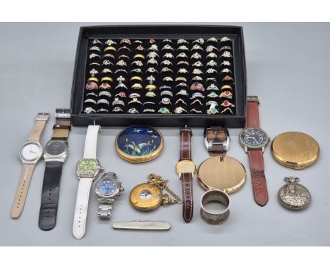 Collection of Vintage Watches &amp; Display Pad of Rings; Gents Swatch Irony watch with case. Ingersoll Duo swivel watch and 