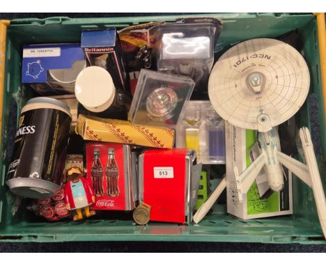 Crate of advertising &amp; collectables items; Diamond Select toys Star trek U.S.S. Enterprise ship with stand, Coca cola ite