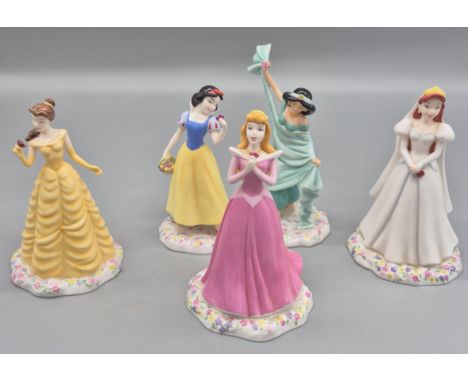 Collection of Five Royal Doulton Disney Show case Princesses figurines; Jasmine, Sleeping Beauty, Belle, Snow White and Ariel