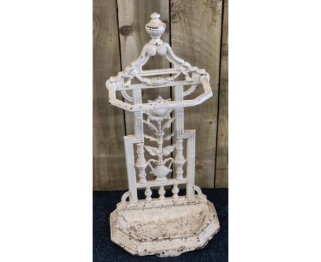 Victorian cast iron walking stick stand R25978 No 68 N&amp;H.D with collection of Walking sticks. 71.5cm in height.