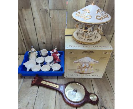 Selection of Collectables; Porcelain carousel, Barometer, Royal Doulton figures Elegance and Stephanie and selection of Wedge