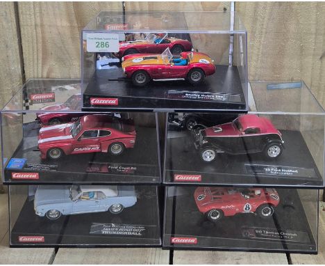 Five various Carrera Scalextrics car models; Ford Mustang James Bond 007 Thunderball, Shelby Cobra 289, 32 Ford Hotrod, Bill 