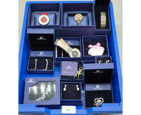 Selection of boxed Swarovski crystal jewellery; Watches, earrings and bracelet. Also includes Ballerina brooch.