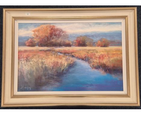 Signed HoustonLarge Landscape printCountryside side Stream & field scene.82x111cm frame.