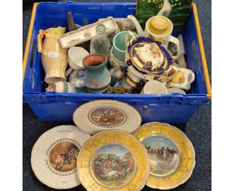 Crate of collectable odds; Wedgwood preserve pots, Regency ormolu and green glass bon bon dish, Tiles, J&amp;G Meakin coffee 